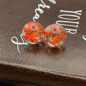 Handmade Pressed Flower Resin Stud Earrings Red Floral Stainless Steel